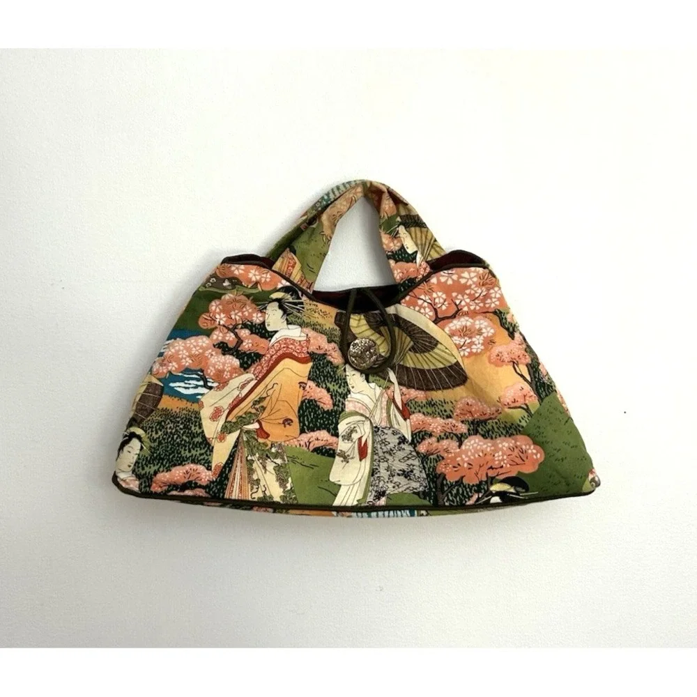 Japanese Kimono Fabric Hobo Handbag Purse Green Handmade Geisha Artsy Boho